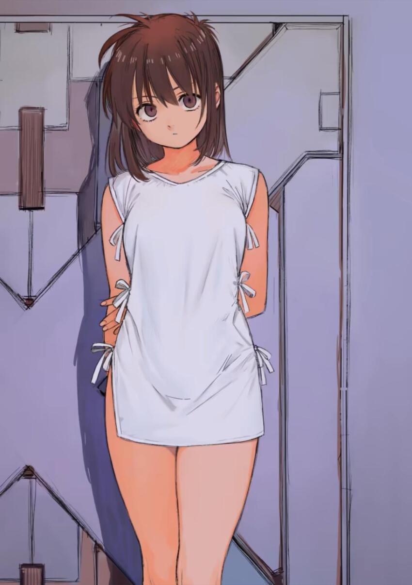 1girl arms_behind_back bare_arms bare_legs bare_shoulders brown_eyes brown_hair hair_down highres hospital_gown ichigaya_sumire legs looking_at_viewer messy_hair pout rai_rai_rai sleeveless thighs yoshiaki_kei