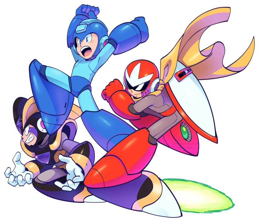 3boys absurdres android assault_visor bass_(mega_man) blue_eyes clenched_hands commentary drawloverlala english_commentary grin helmet highres male_focus mega_man_(character) mega_man_(classic) mega_man_(series) mega_man_10 multiple_boys proto_man scarf shield simple_background smile white_background yellow_scarf