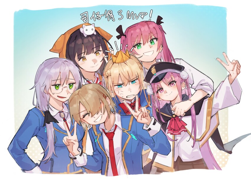 6+girls absurdres aikawa_megumi asakura_karen_(heaven_burns_red) black_hair blonde_hair blue_jacket bow braid double_bun glasses golden_kitaro green_eyes hair_bun hair_ornament hair_over_one_eye hair_over_shoulder hairclip half_up_braid happy_birthday hat heaven_burns_red highres hood hood_up hooded_jacket izumi_yuki_(heaven_burns_red) jacket kayamori_ruka kunimi_tama long_hair long_sleeves low-tied_long_hair multiple_girls pink_eyes pink_hair pov red_eyes ribbon round_eyewear shirt short_hair team_31a_(heaven_burns_red) toujou_tsukasa two_side_up white_ribbon white_shirt