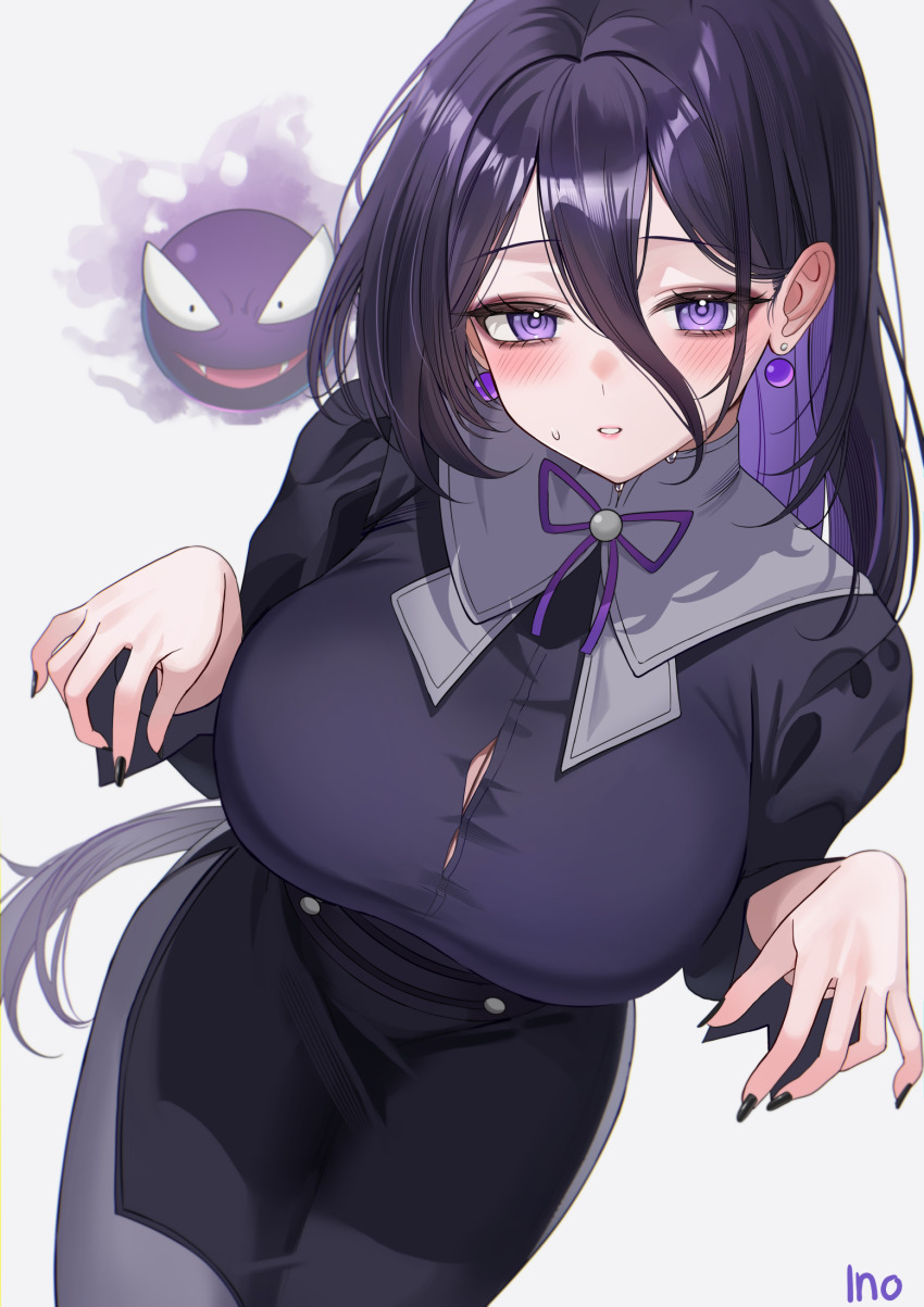 1girl black_dress black_hair black_nails breasts button_gap cleavage cowboy_shot dress earrings fingernails gastly gen_1_pokemon ghost_pose grey_pantyhose hair_between_eyes hex_maniac_(pokemon) hex_maniac_(pokemon_legends:_z-a) highres iino_(isnyong) jewelry large_breasts long_hair long_sleeves looking_at_viewer nail_polish nintendo pantyhose parted_lips pokemon pokemon_(creature) pokemon_legends:_z-a purple_eyes sharp_fingernails side_slit simple_background solo standing sweat sweatdrop very_long_hair white_background wing_collar