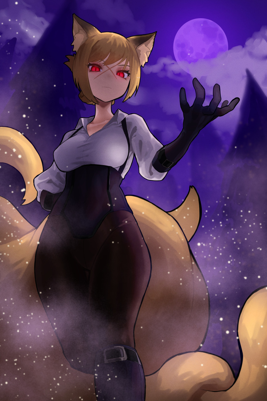 1girl absurdres animal_ear_fluff animal_ears black_gloves blonde_hair boots breasts collared_shirt commission covered_erect_nipples cross_scar ekrea_jan extra_tails fox_ears fox_girl full_moon gloves highres kitsune kyuubi looking_at_viewer medium_breasts moon multiple_tails night original outdoors red_eyes scar scar_on_face serious shirt short_hair skeb_commission sky solo tail underbust