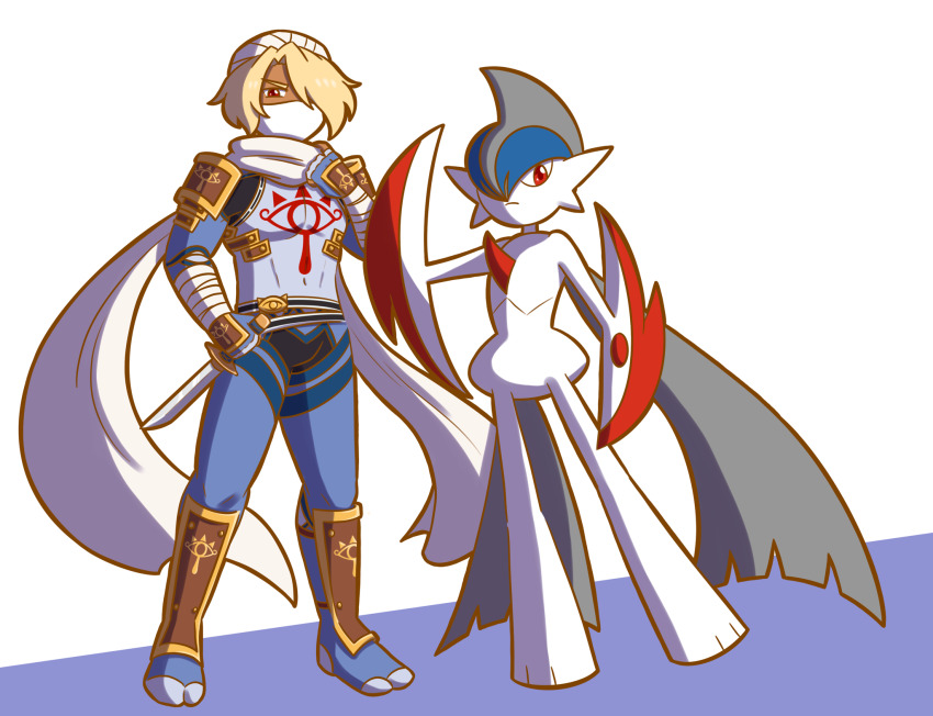 2boys alternate_color arm_blade blonde_hair cape colored_skin creatures_(company) crossover gallade game_freak gen_4_pokemon genderswap genderswap_(ftm) highres holding holding_knife knife mega_gallade mega_pokemon multiple_boys nintendo pokemon pokemon_(creature) princeyam red_eyes scarf sheik shiny_pokemon super_smash_bros. the_legend_of_zelda weapon white_background white_scarf white_skin
