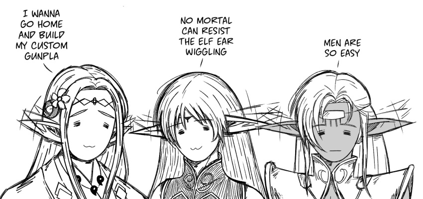 3girls :3 =_= basedlida circlet commentary crossover dark-skinned_female dark_skin deedlit ear_wiggle edomae_elf eldali_ilma_fanomenel elf english_commentary english_text flower hair_flower hair_ornament japanese_clothes jewelry magatama magatama_necklace multiple_girls necklace parody pirotess pointy_ears record_of_lodoss_war shoulder_pads sousou_no_frieren species_connection
