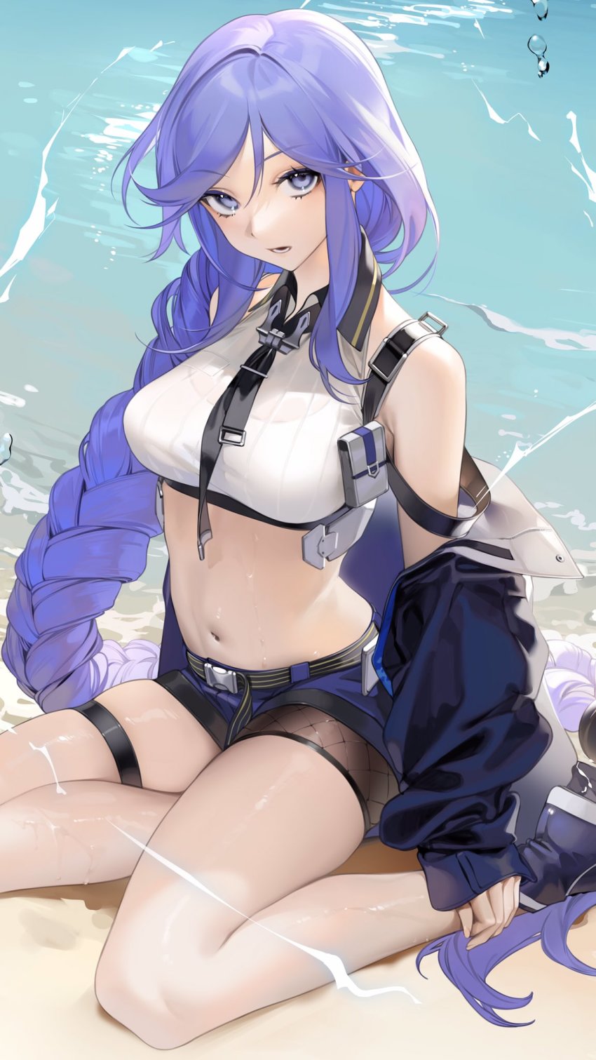1girl absurdly_long_hair azur_lane beach belt bike_shorts biloxi_(azur_lane) black_shoes blue_eyes blue_hair braid collar crop_top fishnets highres jacket long_hair midriff navel necktie ocean off_shoulder ohisashiburi shoes short_shorts shorts shoulder_strap sitting skindentation thigh_strap thighs unworn_jacket very_long_hair