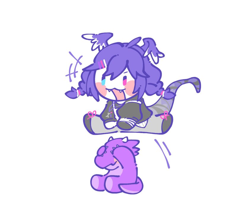 1girl 1other :3 :d archived_source babbinggui black_shirt blue_eyes blush_stickers braid chibi dragoon_(dokibird) full_body grey_pants hair_ornament hairclip head_wings heterochromia highres jumping lanyard leap_frog long_hair nijisanji nijisanji_en open_mouth pants pink_eyes purple_hair selen_tatsuki selen_tatsuki_(1st_costume) shirt simple_background smile tail third-party_source twin_braids virtual_youtuber white_background wings