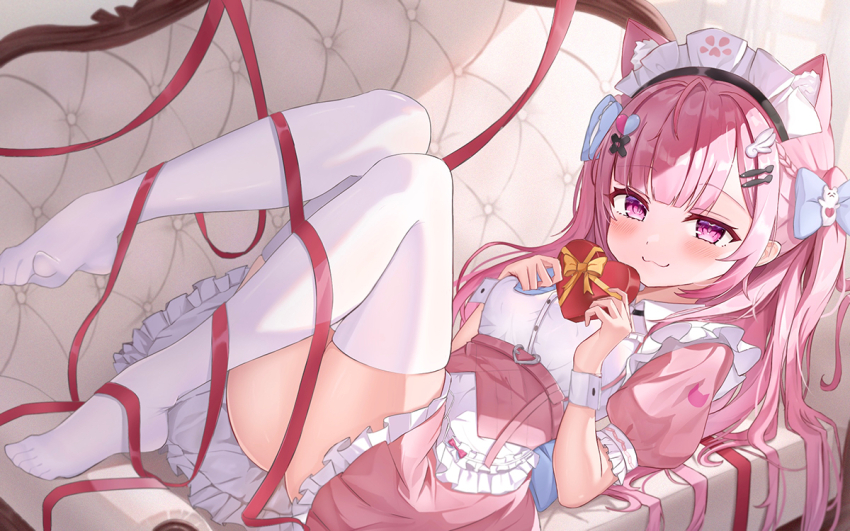 1girl :3 ahoge animal_ears belt black_choker blue_bow blush bow box braid breasts cat_ears cat_girl choker closed_mouth couch dress extra_ears fish_hair_ornament ghost_hair_ornament gift gift_box hair_bow hair_ornament hairclip heart heart-shaped_box heart_hair_ornament holding holding_gift indie_virtual_youtuber knees_up long_hair looking_at_viewer lying maid maid_headdress o-ring o-ring_choker on_back on_couch paw_print pink_belt pink_dress pink_eyes pink_hair pink_ribbon ribbon short_sleeves smile solo thighhighs thighs two_side_up uneti_1 valentine virtual_youtuber white_thighhighs white_wrist_cuffs wing_hair_ornament wrist_cuffs yellow_ribbon yuuki_sakuna yuuki_sakuna_(1st_costume)