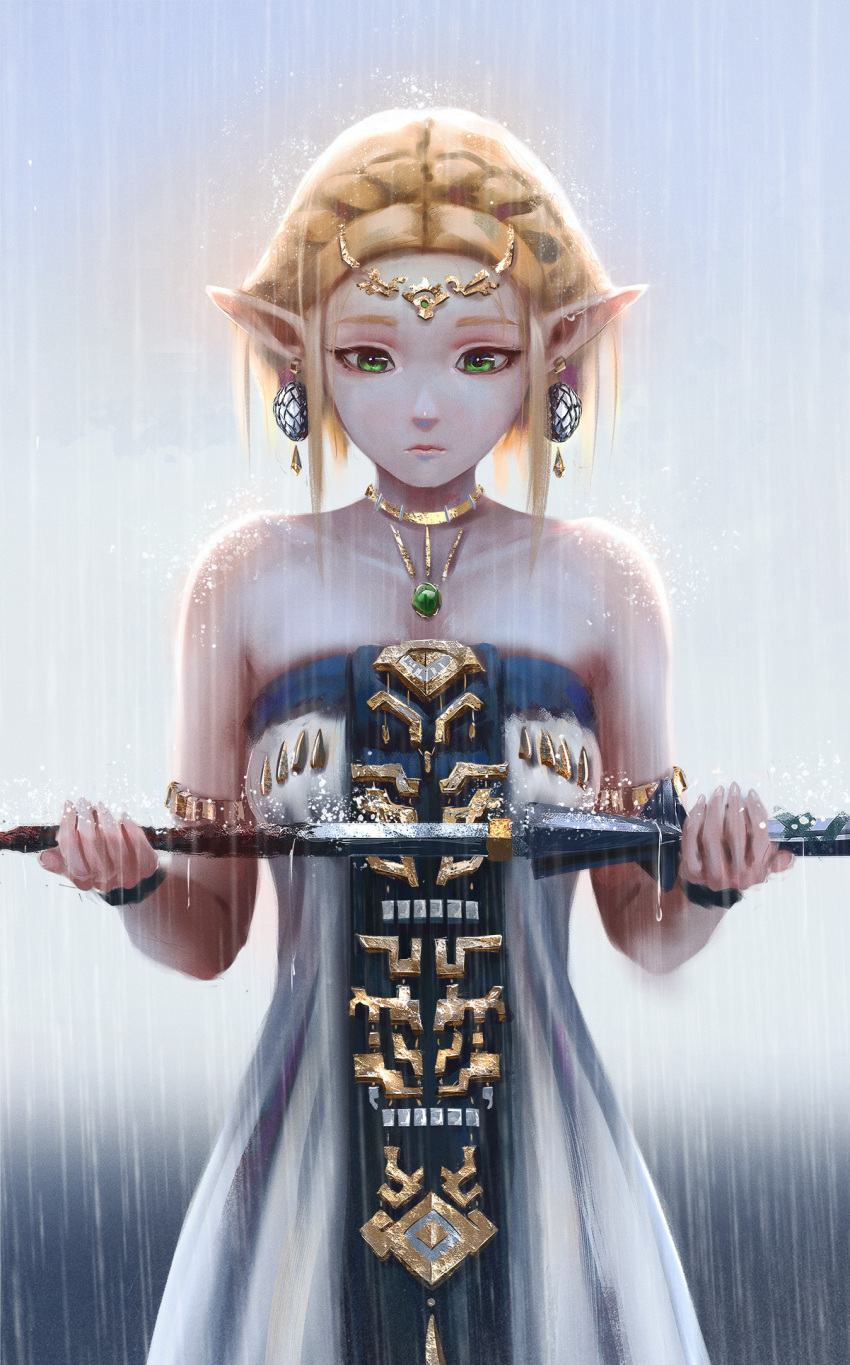 1girl blonde_hair braid broken broken_sword broken_weapon circlet crown_braid dress earrings green_eyes hashtag-only_commentary highres jewelry linoir master_sword necklace nintendo pointy_ears princess_zelda rain short_hair simple_background solo strapless strapless_dress sword the_legend_of_zelda the_legend_of_zelda:_tears_of_the_kingdom weapon white_dress