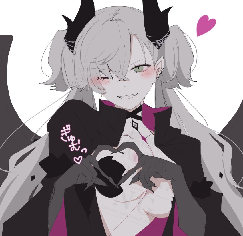 1girl 55nyako20 black_hands black_jacket blush breasts colored_extremities demon_wings fate/grand_order fate_(series) four-finger_heart_hands green_eyes heart heart_hands highres horns jacket lilith_(fate) lilith_(second_ascension)_(fate) looking_at_viewer one_eye_closed pointy_ears smile solo twintails upper_body white_background white_hair wings