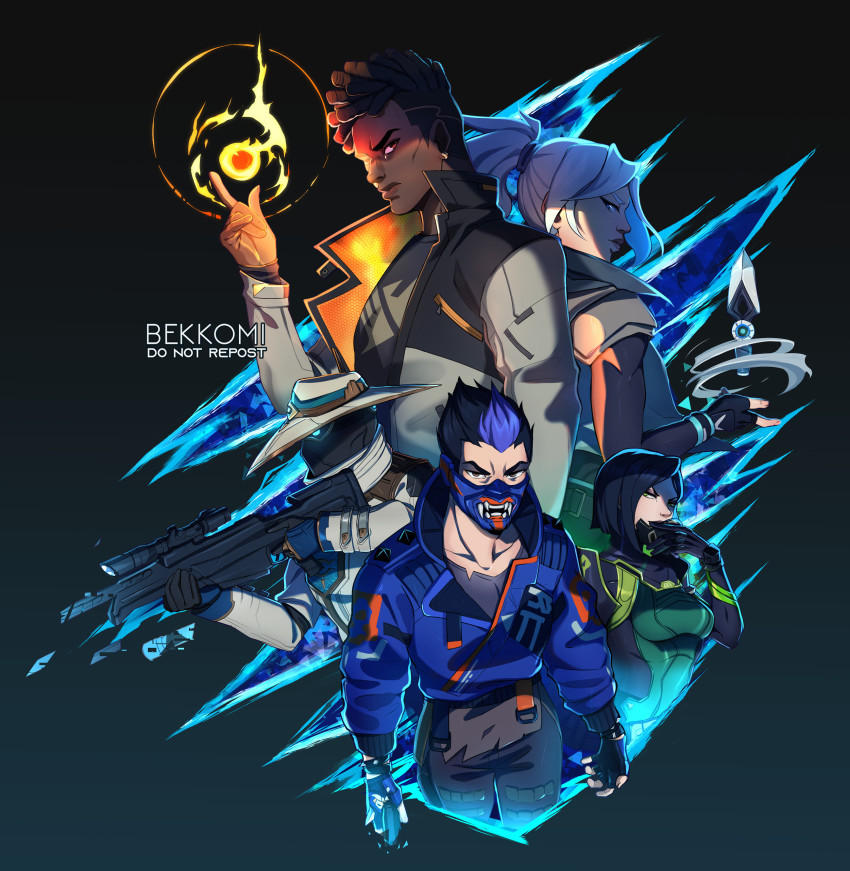 2girls 3boys absurdres aiming artist_name bekkomi belt black_hair blue_hair bodysuit covered_mouth cypher_(valorant) dark-skinned_male dark_skin dreadlocks fingerless_gloves fire fireball floating floating_object gloves glowing glowing_eyes green_eyes gun hand_on_own_face hat highres jacket jett_(valorant) kunai long_hair long_sleeves looking_at_viewer mask unworn_mask multicolored_hair multiple_boys multiple_girls open_clothes open_jacket orange_eyes pants phoenix_(valorant) ponytail pyrokinesis rifle shirt short_hair signature spiked_hair t-shirt undercut valorant viper_(valorant) weapon white_hair wind yoru_(valorant)