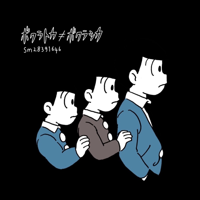 3boys blue_shirt buttons child collared_shirt cropped_torso expressionless grabbing_another&#039;s_arm hand_on_another&#039;s_arm highres male_focus matsuno_osomatsu multiple_boys multiple_persona negative_space osomatsu-kun osomatsu-san osomatsu_(series) shirt softowel time_paradox