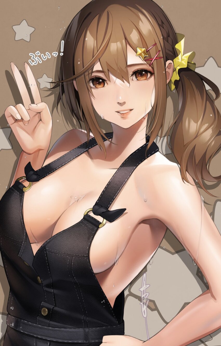 1girl black_overalls blush breasts brown_background brown_eyes brown_hair cleavage collarbone commentary dead_or_alive dead_or_alive_xtreme grin hair_between_eyes hair_ornament hairclip hand_on_own_hip highres long_hair looking_at_viewer medium_breasts misaki_(doa) nakano_maru naked_overalls overalls partially_unbuttoned side_ponytail sidelocks signature smile solo star_(symbol) star_hair_ornament star_symbol_background sweat translation_request upper_body v x_hair_ornament
