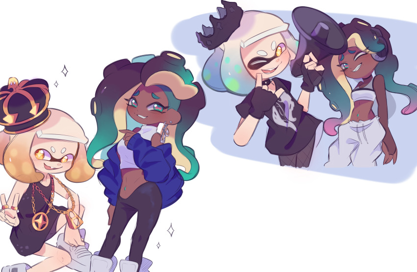 +_+ 2girls absurdres aqua_eyes aqua_hair black_dress black_gloves black_hair black_headwear black_pants black_shirt blue_hair blue_jacket blunt_bangs blush cephalopod_eyes commentary crop_top crown dark-skinned_female dark_skin dress earrings english_commentary fafameow fangs fingerless_gloves gloves gold_necklace gradient_hair grey_background grin hand_up hands_up head_tilt highres inkling jacket jewelry long_hair looking_at_viewer marina_(splatoon) marina_(springfest)_(splatoon) marina_(unused_splatoon_3_outfit)_(splatoon) midriff mole mole_under_mouth multicolored_hair multiple_girls multiple_rings multiple_views navel navel_piercing necklace nintendo octoling off_shoulder one_eye_closed open_clothes open_jacket open_mouth orange_eyes orange_hair pants parted_lips pearl_(splatoon) pearl_(springfest)_(splatoon) pearl_(unused_splatoon_3_outfit)_(splatoon) piercing pink_hair pointy_ears print_shirt raised_eyebrows ring shirt shoes short_eyebrows short_hair short_sleeves sidelocks simple_background sleeveless sleeveless_dress sleeveless_shirt sleeveless_turtleneck smile sneakers sparkle splatoon_(series) splatoon_2 stomach suction_cups t-shirt teeth tentacle_hair tilted_headwear tongue turtleneck upper_teeth_only v v-shaped_eyebrows white_background white_footwear white_hair white_pants white_shirt