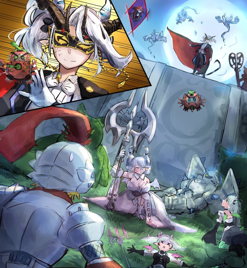 absurdres arianna_the_labrynth_servant arianne_the_labrynth_servant arias_the_labrynth_butler bishoujo_senshi_sailor_moon blush breasts butler cape cleavage cosplay demon_girl demon_horns demon_wings destructive_daruma_karma_cannon dress duel_monster female_butler gloves grey_eyes grey_hair hatano_kiyoshi highres holding holding_polearm holding_weapon horns knight_(yu-gi-oh!) labrynth_archfiend large_breasts leotard leotard_under_clothes lovely_labrynth_of_the_silver_castle low_wings mask multiple_girls multiple_wings pointy_ears polearm smile spread_cleavage transparent_wings tuxedo tuxedo_kamen tuxedo_kamen_(cosplay) twintails weapon white_gloves white_hair white_horns wings yu-gi-oh!