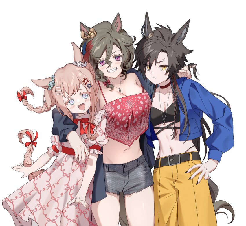 3girls agnes_digital_(umamusume) air_shakur_(umamusume) animal_ears arm_around_neck bandeau belt black_hair blue_eyes blue_jacket blush bow bowtie braid braided_tail breasts camisole choker cleavage closed_mouth cowboy_shot cropped_jacket cutoffs dress ear_ornament grey_shorts grin hand_on_own_hip highres horse_ears jacket jewelry large_breasts long_hair looking_at_viewer midriff multicolored_hair multiple_girls navel necklace open_clothes open_jacket open_mouth pants pink_dress pink_hair purple_eyes ring ring_necklace short_hair shorts simple_background small_breasts smile streaked_hair tap_dance_city_(umamusume) twirling_hair uma_ozisan umamusume v-shaped_eyebrows white_background yellow_eyes yellow_pants