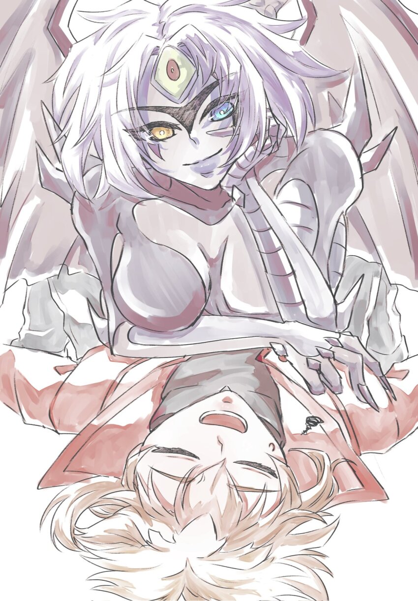 1boy 1other black_shirt blue_eyes breasts brown_hair closed_eyes demon duel_academy_uniform_(yu-gi-oh!_gx) grey_hair heki_ku02 heterochromia highres jacket medium_breasts multicolored_hair orange_eyes purple_hair red_jacket shirt sleeping third_eye two-tone_hair yu-gi-oh! yu-gi-oh!_gx yubel yuki_judai