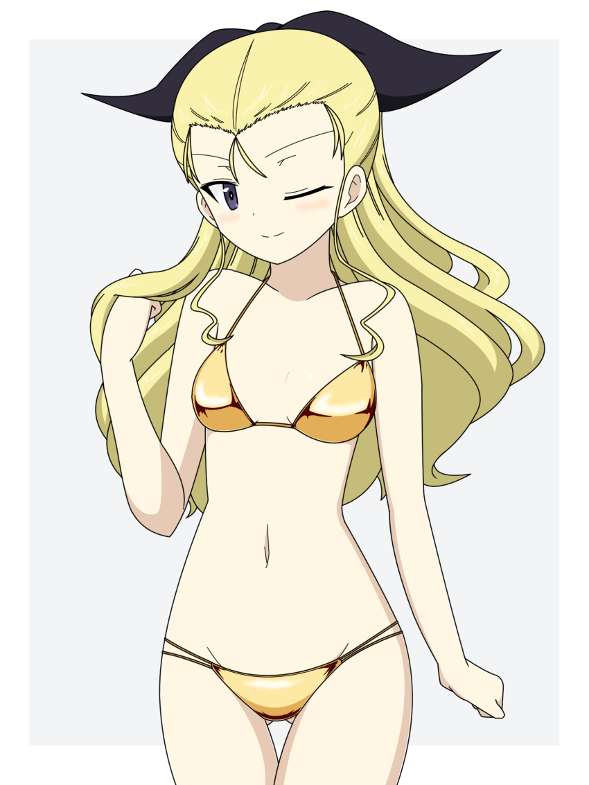 1girl assam_(girls_und_panzer) bikini blonde_hair blue_eyes blush breasts closed_mouth girls_und_panzer gold_bikini hair_ribbon highres ichinose_jun long_hair looking_at_viewer navel one_eye_closed ribbon simple_background small_breasts smile solo swimsuit white_background