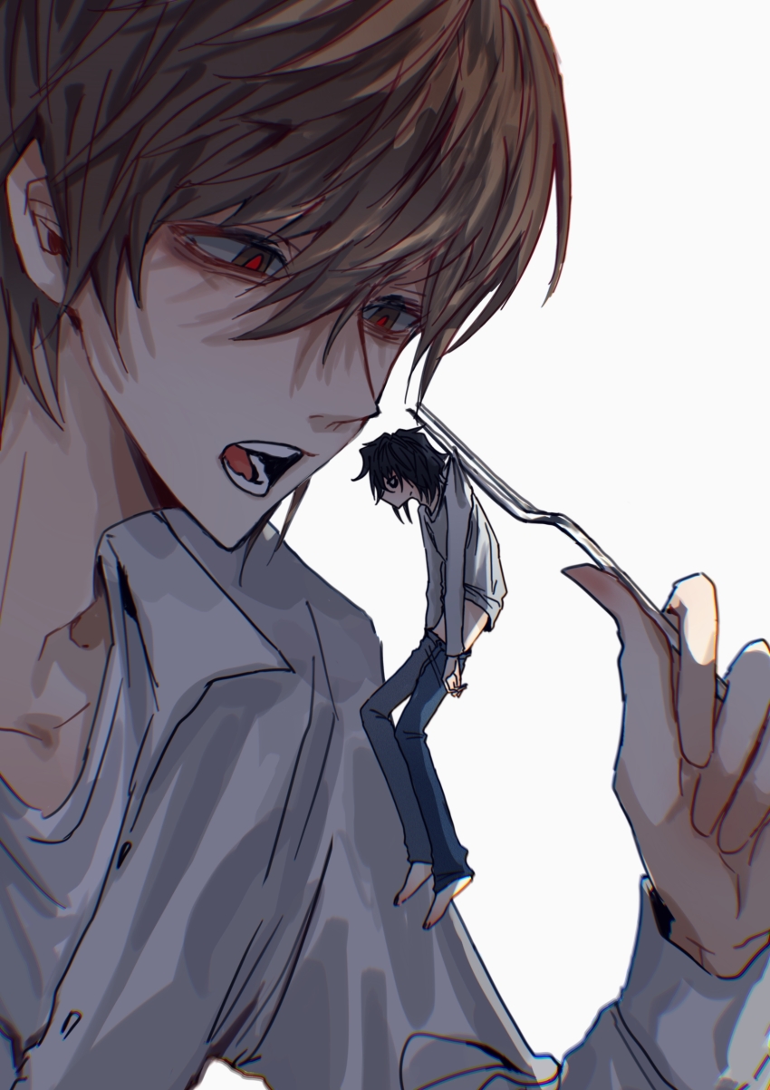 2boys absurdres barefoot black_hair blue_pants collarbone collared_shirt crew_neck death_note denim fork hair_between_eyes highres holding holding_fork holding_utensil jeans l_(death_note) long_sleeves looking_at_another male_focus midriff mini_person miniboy multiple_boys open_collar open_mouth pants red_eyes shirt shuicha803 simple_background teeth tongue utensil white_background white_shirt wing_collar yagami_light