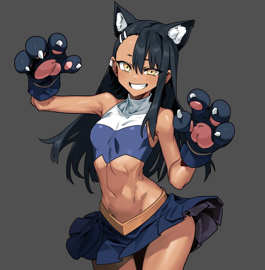 1girl absurdres animal_ear_fluff animal_ears animal_hands blue_skirt breasts commentary_request cowboy_shot earclip gloves grey_background grin hair_ornament hairclip highres ijiranaide_nagatoro-san kinnexs looking_at_viewer mixed-language_commentary nagatoro_hayase navel paw_gloves pleated_skirt skirt smile solo tan teeth wide_hips yellow_eyes