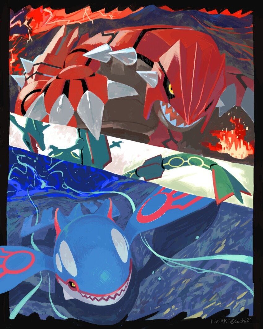 black_sclera blue_skin claws colored_sclera colored_skin eruption fire gen_3_pokemon green_skin groudon highres kochi8i kyogre legendary_pokemon nintendo no_humans open_mouth outdoors pokemon pokemon_(creature) rayquaza red_skin sharp_teeth spikes standing teeth underwater water white_skin yellow_eyes