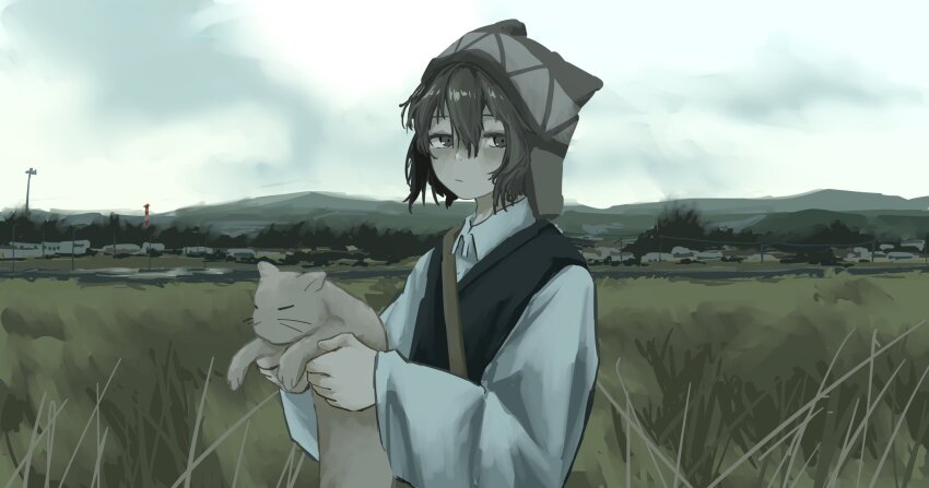 1girl animal beanie black_eyes black_hair black_sweater_vest cat collared_shirt earflap_beanie expressionless grey_hat hair_between_eyes hat highres holding holding_animal holding_cat landscape long_sleeves messy_hair mountainous_horizon original outdoors overcast pale_skin shirt sky solo sweater_vest white_shirt yoshiryuu