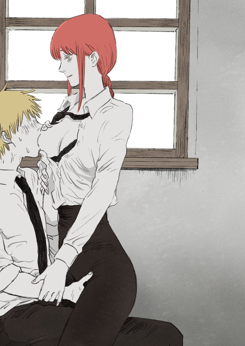1boy 1girl absurdres aegyo_sal black_necktie black_pants blush braid breast_sucking breasts chainsaw_man denji_(chainsaw_man) faceless faceless_male fingering fingering_through_clothes grabbing_another&#039;s_breast groping hetero highres indoors looking_at_another makima_(chainsaw_man) medium_breasts necktie pants partially_unbuttoned profile senaka_look shirt sidelocks sitting sweat through_clothes white_shirt