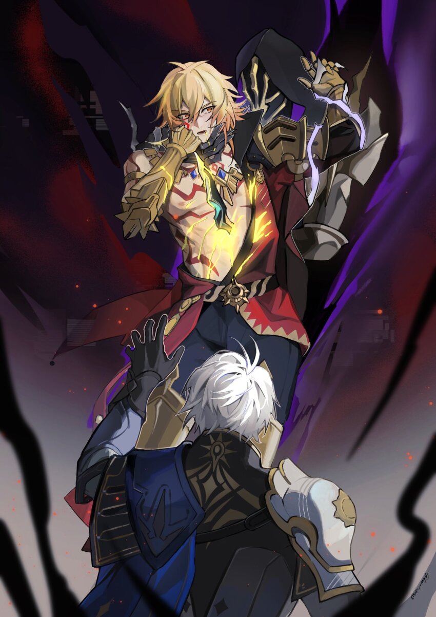 3boys antenna_hair arm_tattoo armor armored_boots bare_pectorals black_coat black_pants black_shirt blonde_hair blue_cape blue_eyes boots braid cape chest_tattoo clawed_gauntlets coat dark_persona dual_persona facial_tattoo flame_reaver_of_the_deepest_dark gomi0421 gradient_hair hair_between_eyes hand_on_another&#039;s_neck hashtag-only_commentary highres honkai:_star_rail honkai_(series) male_focus medium_hair multicolored_hair multiple_boys mydei_(honkai:_star_rail) open_clothes open_coat pants pauldrons pectorals phainon_(honkai:_star_rail) plant reaching reaching_towards_another red_hair red_tattoo restrained shirt short_hair shoulder_armor side_braid side_cape single_pauldron stab tattoo vines white_coat white_hair yellow_blood yellow_eyes