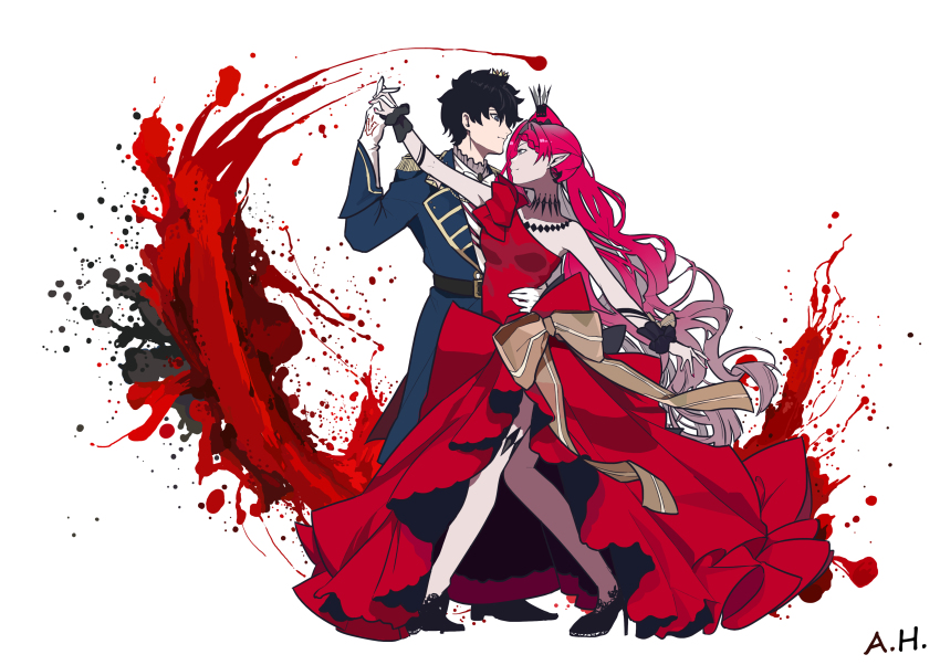 1boy 1girl absurdres alexander_herrington baobhan_sith_(exhibition_attire)_(fate) baobhan_sith_(fate) baobhan_sith_(fgo_fes._2024)_(fate) baobhan_sith_(swimsuit_pretender)_(fate) baobhan_sith_(swimsuit_pretender)_(third_ascension)_(fate) black_hair blue_eyes breasts command_spell crown dancing dress fate/grand_order fate_(series) formal_clothes fujimaru_ritsuka_(male) fujimaru_ritsuka_(male)_(halloween_royalty) grey_eyes hand_on_another&#039;s_hip hetero high_heels highres holding_hands nail_polish red_dress red_hair red_nails side_ponytail signature single_bare_shoulder suit