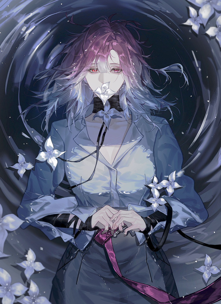 1girl absurdres bandaged_arm bandages belt black_bandages black_skirt breasts chinese_commentary cleavage collarbone collared_shirt commentary dress_shirt flower flower_in_mouth from_above glowing glowing_eye gradient_hair hair_between_eyes heterochromia high-waist_skirt highres light_particles looking_at_viewer looking_up lying multicolored_hair on_back own_hands_together partially_submerged path_to_nowhere purple_belt purple_eyes purple_hair ripples shalom_(path_to_nowhere) shirt skirt solo straight-on symbol-shaped_pupils triangle-shaped_pupils upper_body wanggui white_flower white_hair white_shirt