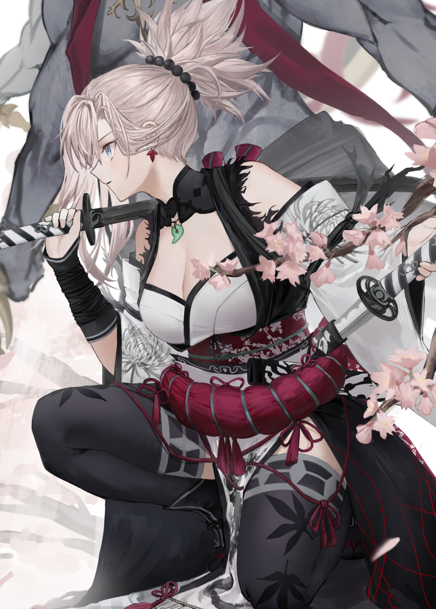 1boy 1girl absurdres arm_guards asymmetrical_hair black_thighhighs blue_eyes branch breasts cherry_blossoms cleavage detached_collar earrings falling_petals fate/grand_order fate/samurai_remnant fate_(series) hair_ornament highres holding holding_sheath holding_sword holding_weapon japanese_clothes jewelry katana kimono large_breasts long_hair looking_to_the_side magatama magatama_necklace miyamoto_musashi_(fate) miyamoto_musashi_(woman_of_niten_ichiryuu)_(fate) necklace noble_phantasm_(fate) obi official_alternate_costume on_one_knee over_shoulder petals pink_hair ponytail red_sash sash sheath shiro_(siro_kuten) single_sidelock solo swept_bangs sword sword_over_shoulder thighhighs unsheathed weapon weapon_over_shoulder white_kimono