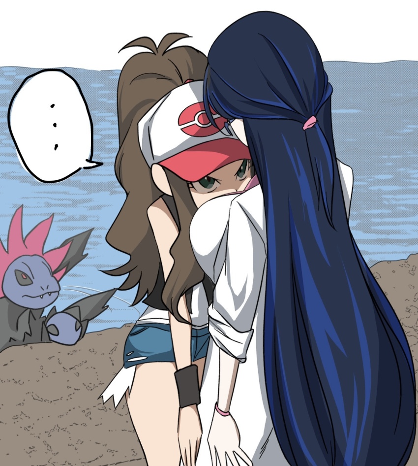 ... 2girls between_breasts black_hair black_vest breasts brown_hair coat commentary_request day exposed_pocket face_between_breasts fennel_(pokemon) gen_5_pokemon hat head_between_breasts highres hilda_(pokemon) hydreigon kayain_(deibittog93733) long_hair looking_up multiple_girls nintendo outdoors pokemon pokemon_(creature) pokemon_bw shaded_face shirt short_shorts shorts sidelocks spoken_ellipsis vest white_coat white_hat white_shirt wristband yuri