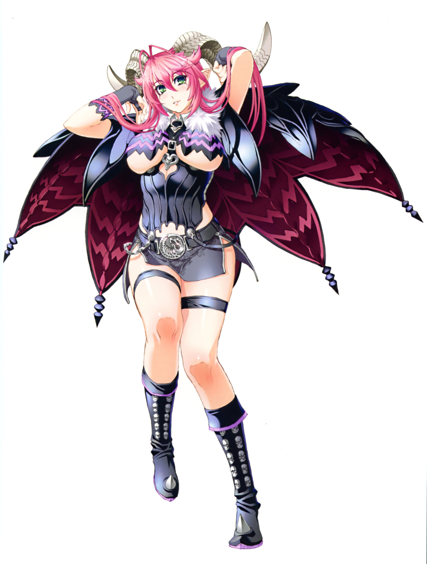 1girl absurdres antenna_hair asmodeus_(sin_nanatsu_no_taizai) asmodeus_(the_seven_deadly_sins) belt black_boots black_skirt boots breasts bridal_gauntlets demon_girl demon_horns female_focus full_body fur_trim green_eyes hair_between_eyes highres horns knee_boots large_breasts long_hair looking_at_viewer nishii_(damnedrive) official_art pencil_skirt pink_hair pointy_ears scan simple_background sin_nanatsu_no_taizai skirt smile solo the_seven_deadly_sins thigh_strap underboob white_background