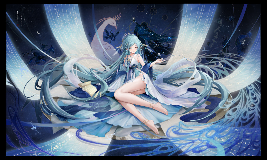 1girl absurdres alternate_costume anklet azur_lane banchiyuebai bare_shoulders barefoot blue_eyes blue_hair blue_nails champagne_(azur_lane) collarbone commentary detached_sleeves dress feet flat_chest hair_ornament hair_spread_out highres jewelry long_hair looking_at_viewer low_twintails lying nail_polish neck_tassel night night_sky print_dress scroll side_slit single_detached_sleeve sky solo star_(sky) starry_sky tassel thighs toes twintails very_long_hair