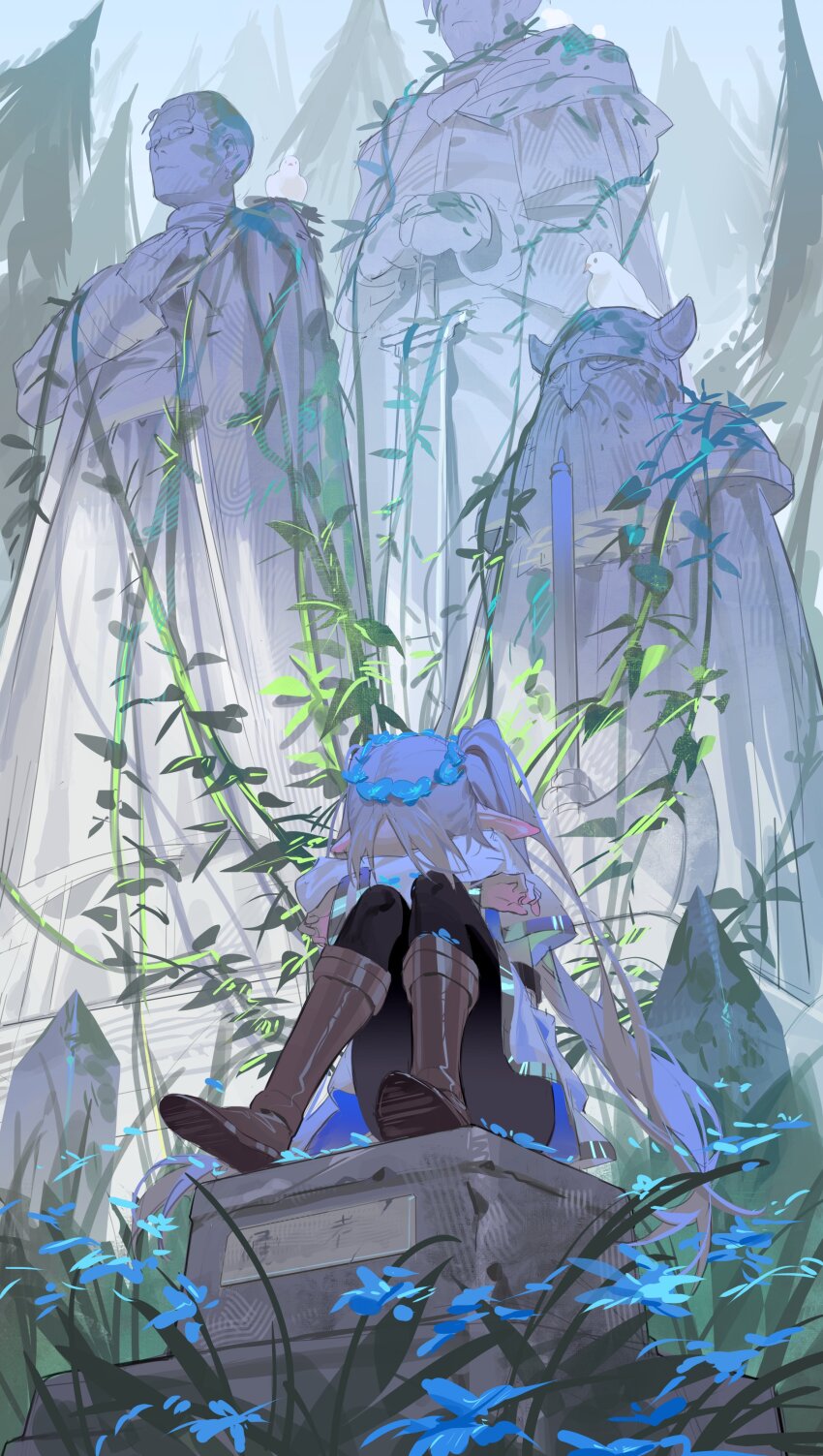 1girl absurdres bird black_pantyhose blue_flower boots brown_boots capelet commentary crossed_arms eisen_(sousou_no_frieren) elf english_commentary flower forest frieren grey_hair head_rest head_wreath heiter highres himmel_(sousou_no_frieren) knees_up long_hair nature omurice_(304975636) outdoors overgrown pantyhose parted_bangs pedestal pigeon plant pointy_ears shirt sitting solo sousou_no_frieren statue tree twintails vines white_bird white_capelet white_shirt
