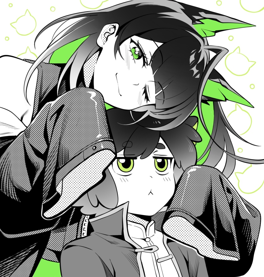 1boy 1girl ;) ahoge animal_ears arknights bai_xin bare_shoulders black_hair blush closed_mouth commentary green_eyes green_hair halftone heads_together highres huge_ahoge jitome long_hair luo_xiaohei luo_xiaohei_zhanji mon3tr_(arknights) multicolored_hair off_shoulder one_eye_closed partially_colored short_hair sleeves_past_fingers sleeves_past_wrists smile symbol-only_commentary