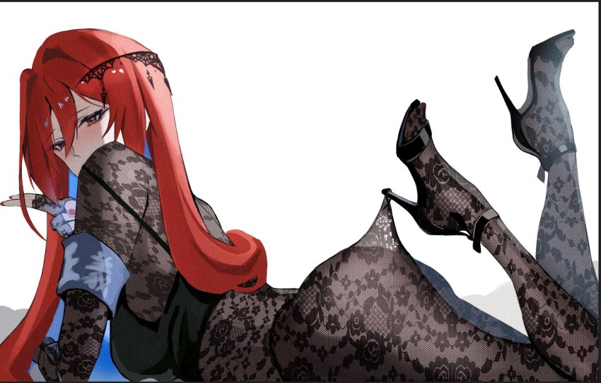 1girl ass black_camisole blue_hair bodystocking breasts camisole colored_inner_hair elizabeth_rose_bloodflame hololive hololive_english lace_bodysuit lace_pantyhose_hooked_on_heel_(meme) large_breasts long_hair looking_at_viewer meme multicolored_hair red_eyes red_hair red_nails simple_background solo virtual_youtuber white_background yato_(yama0x1)