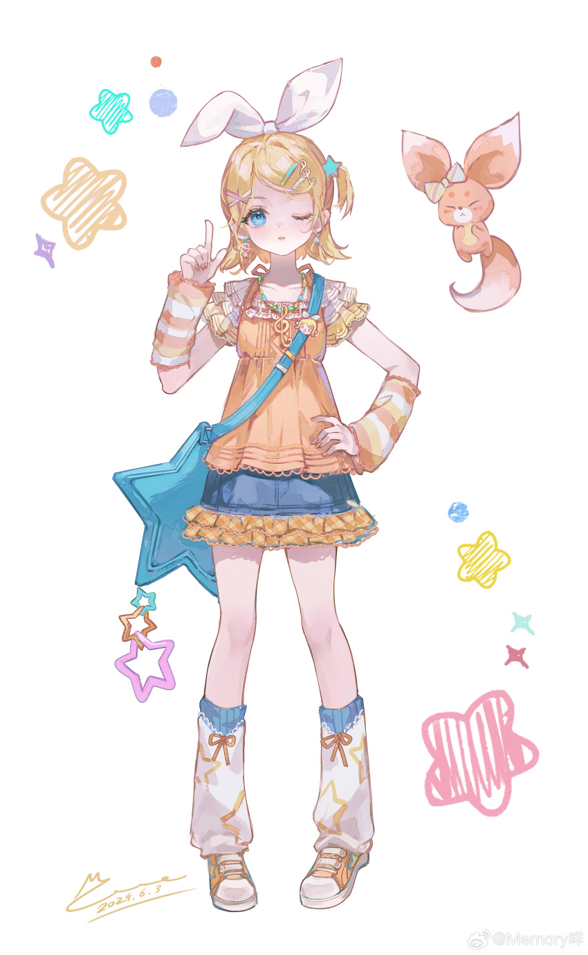 1girl absurdres ankle_socks bag bag_charm blue_bag blue_eyes blue_skirt blue_socks bow casual charm_(object) chinese_commentary commentary_request dated dot_nose earrings eyelashes fox frilled_skirt frilled_sleeves frills full_body hair_bow hair_ornament hairclip hand_on_own_hip highres jewelry kagamine_rin lace lace-trimmed_shirt lace_trim leg_warmers memory_mie miniskirt mismatched_earrings multicolored_arm_warmers neck_ribbon one-eyed one_side_up orange_arm_warmers orange_ribbon orange_shirt parted_lips pointing pointing_up ribbon ribbon_legwear shirt shoes short_sleeves shoulder_bag signature simple_background skirt sneakers socks solo standing star-shaped_bag star_(symbol) star_charm star_earrings star_hair_ornament star_print straight-on striped_arm_warmers striped_clothes striped_socks vertical-striped_clothes vertical-striped_socks vocaloid watermark weibo_watermark white_arm_warmers white_background white_bow white_leg_warmers white_sleeves yellow_arm_warmers yellow_shoes