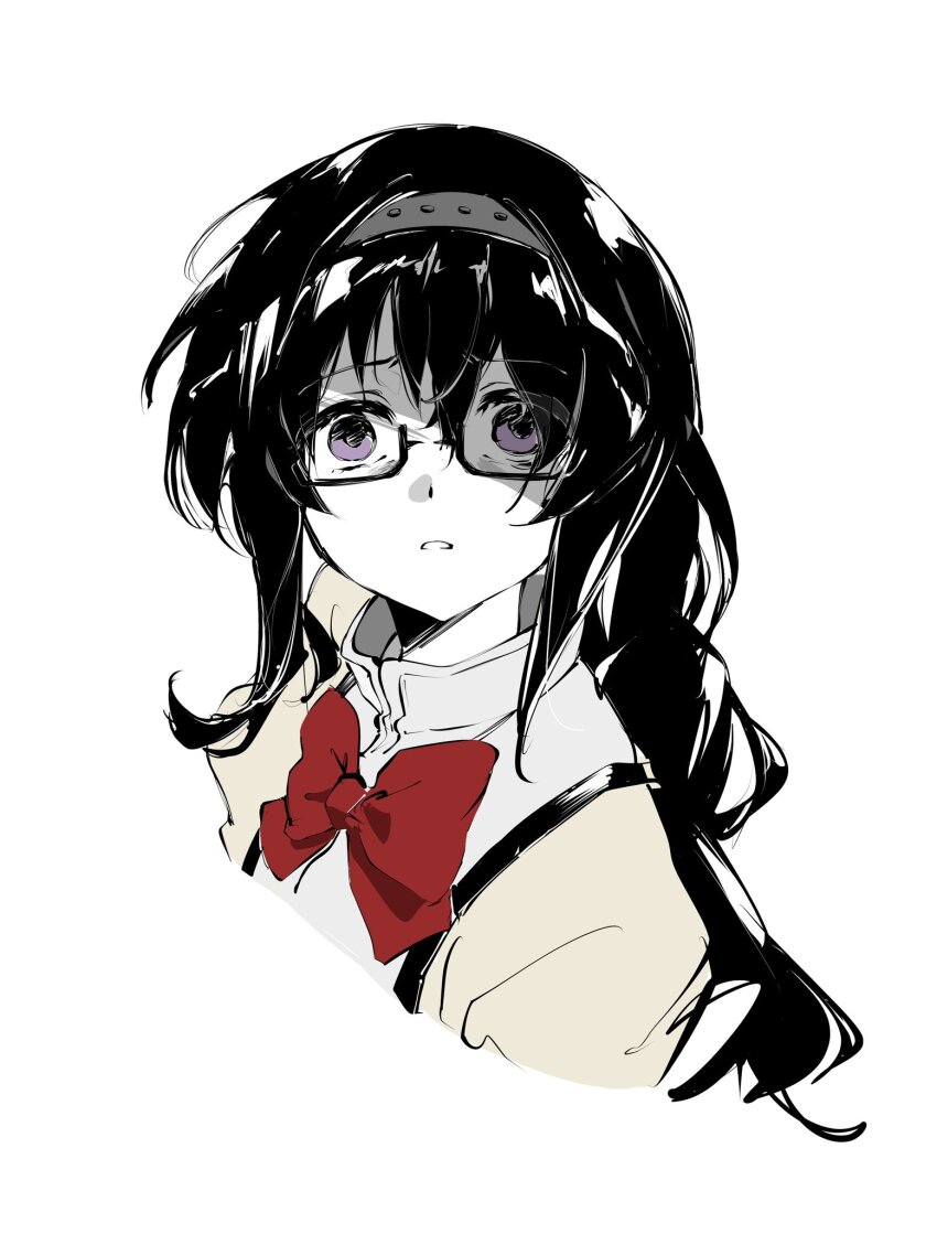 1girl akemi_homura black_hair bow bowtie commentary glasses highres long_hair looking_at_viewer mahou_shoujo_madoka_magica mahou_shoujo_madoka_magica_(anime) mitakihara_school_uniform o3o2sao purple_eyes red_bow red_bowtie school_uniform simple_background solo upper_body white_background