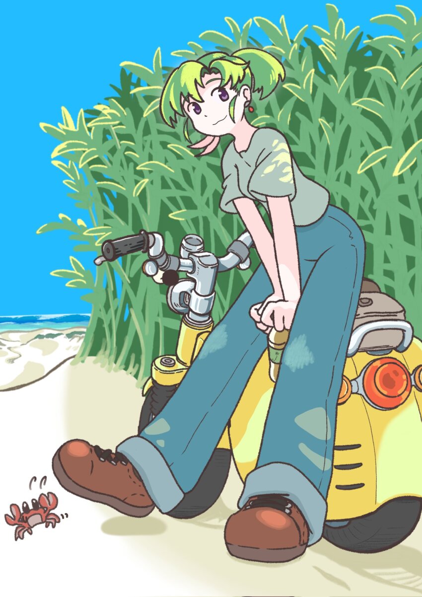 1girl animal beach blue_pants brown_shoes crab day earrings green_hair green_shirt hatsuseno_alpha highres jewelry leaning_back looking_at_viewer motor_vehicle motorcycle ocean oldvege08 outdoors pants ponytail reeds shirt shoes solo standing yokohama_kaidashi_kikou