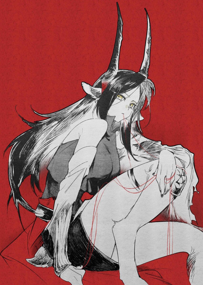 1girl animal_ears arknights black_hair cross-shaped_pupils detached_sleeves goat_ears goat_girl goat_horns goat_legs goat_tail hand_on_own_knee highres horns ines_(arknights) knee_up ling_s long_hair miniskirt partially_colored red_background sitting skirt sleeveless solo string string_in_mouth string_of_fate symbol-shaped_pupils yellow_eyes