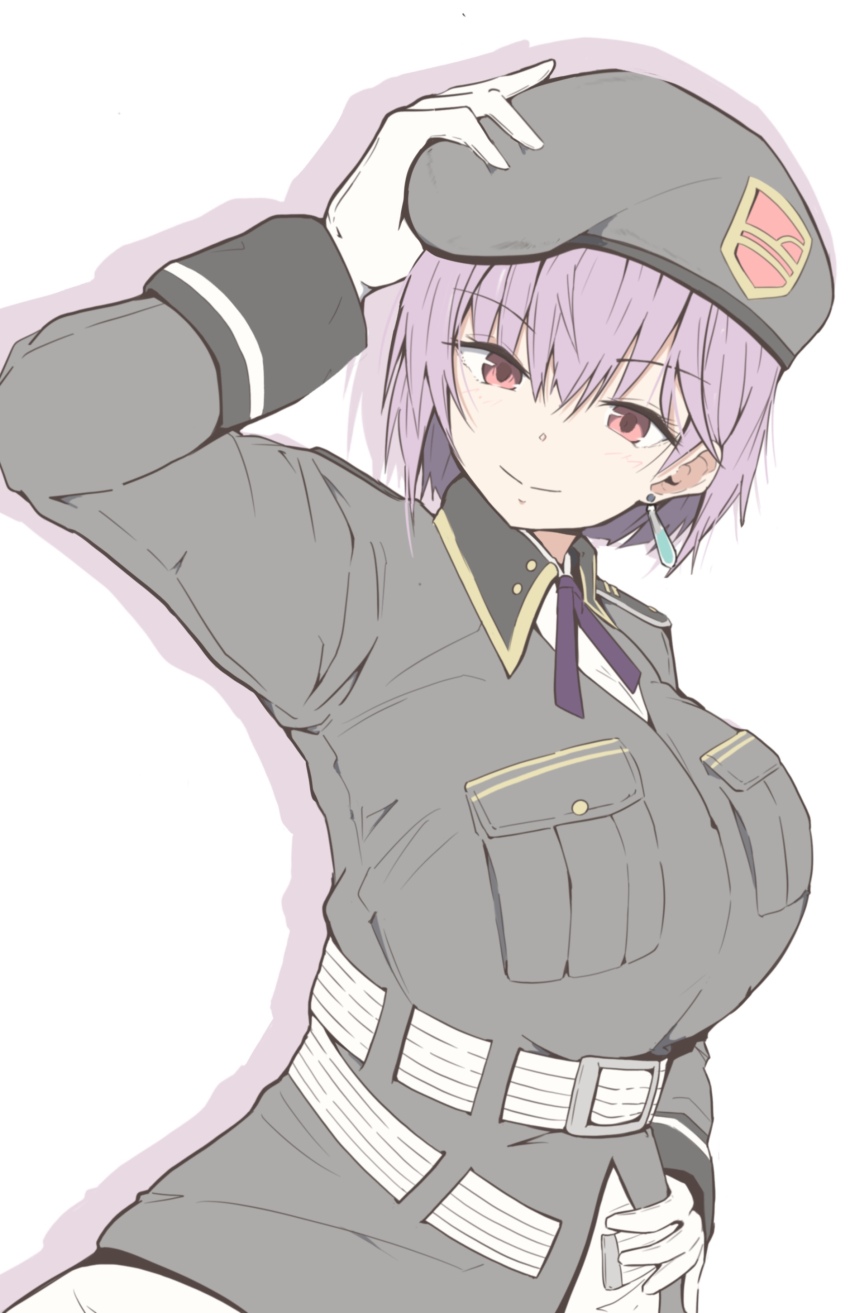 1girl absurdres belt black_jacket breasts collared_shirt gloves hat heaven_burns_red highres jacket large_breasts military_hat potenara purple_hair red_eyes shirt short_hair solo tezuka_saki white_belt white_gloves