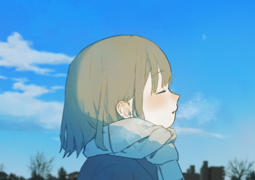 1girl aaaoka bare_tree blue_sky blurry blurry_background blush brown_hair building closed_eyes cloud day medium_hair original outdoors parted_lips portrait profile scarf sky solo steam_from_mouth sunlight tree white_scarf