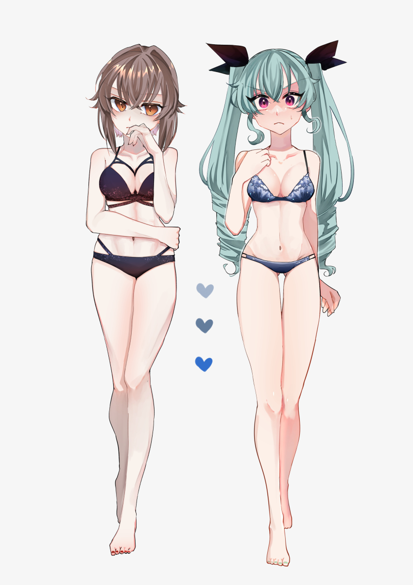2girls absurdres anchovy_(girls_und_panzer) barefoot between_breasts black_ribbon blue_bra blue_panties blush bra breasts brown_eyes brown_hair closed_mouth commentary_request drill_hair frown girls_und_panzer gluteal_fold green_hair hair_ribbon hand_on_own_hip hand_to_own_mouth heart highres legs lingerie long_hair looking_at_viewer medium_breasts multi-strapped_bra multi-strapped_panties multiple_girls nail_polish nishizumi_maho panties red_eyes ribbon short_hair simple_background standing sweatdrop thigh_gap toenail_polish toenails toes tsukasa_(avdx5538) twin_drills twintails underwear underwear_only