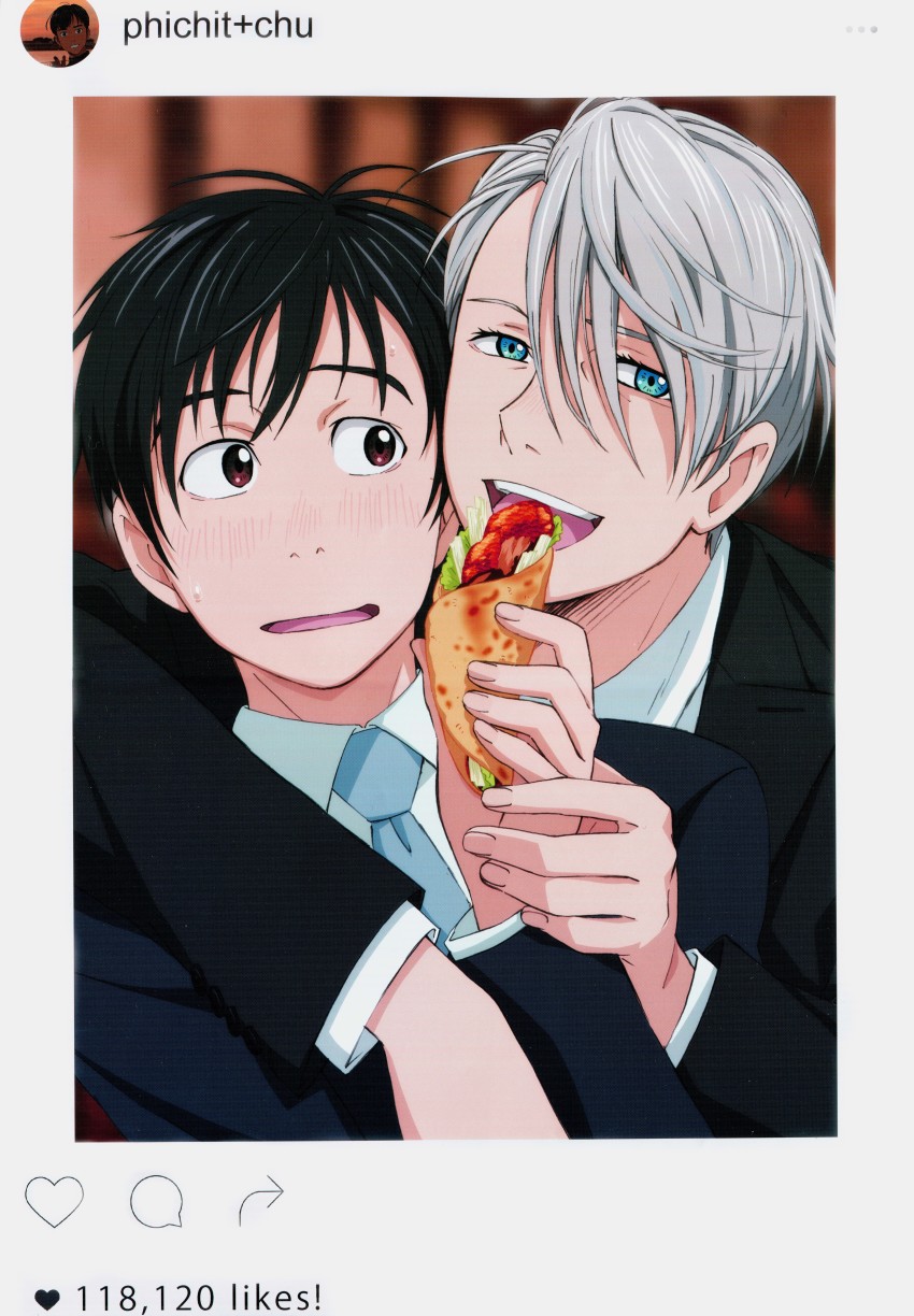 10s 2boys absurdres black_hair blue_eyes blush brown_eyes fake_screenshot food formal_clothes highres huge_filesize incredibly_absurdres instagram katsuki_yuuri kudou_yuka male_focus multiple_boys necktie official_art open_mouth phichit_chulanont profile_picture scan silver_hair smile suit upper_body viktor_nikiforov yuri!!!_on_ice