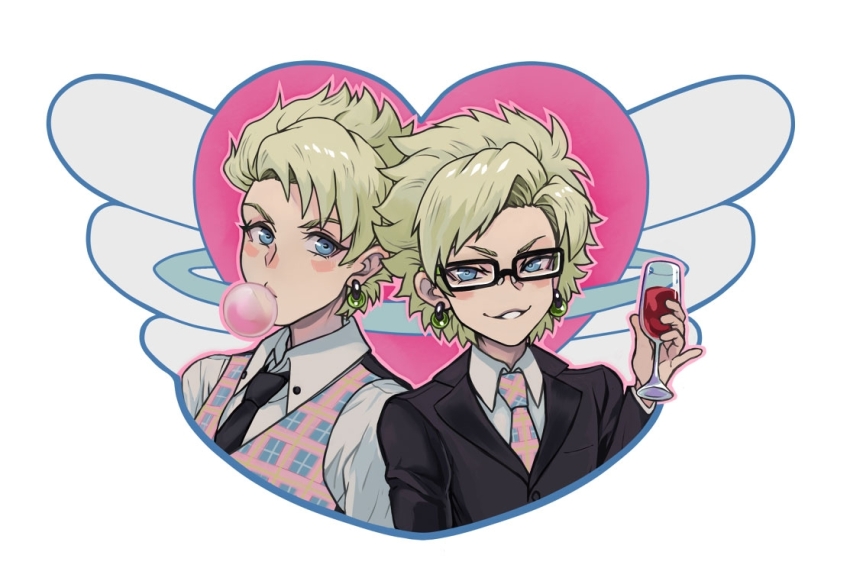 2boys black_nails black_suit blonde_hair blowing_bubble_gum blowing_bubbles blue_eyes champagne_flute chewing_gum commentary_request cup dramatical_murder drinking_glass earrings formal_clothes glasses heart holding holding_cup jewelry male_focus multiple_boys plaid_clothes plaid_vest russian_commentary suit trip_(dramatical_murder) vasiliy-plumber vest virus_(dramatical_murder)