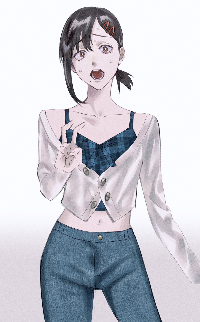 1girl black_hair blue_pants blue_shirt brown_eyes chainsaw_man denim hair_ornament hairclip higashiyama_kobeni highres jeans mole mole_under_eye mole_under_mouth multiple_moles navel open_mouth pants ponytail rikainot shirt short_ponytail single_sidelock solo sweat v