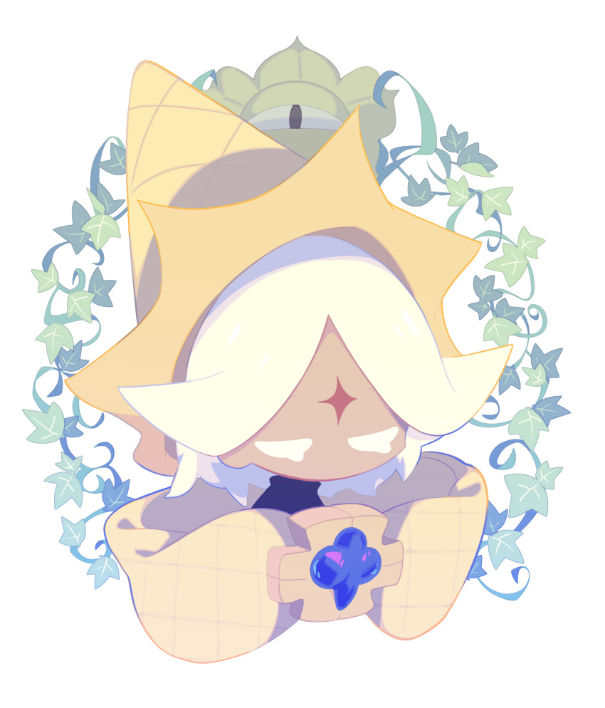 1boy absurdres androgynous black_sweater blonde_hair blue_brooch chibi chibi_only closed_eyes colored_eyelashes commentary cookie_run cookie_run:_kingdom cropped_head dark-skinned_male dark_skin english_commentary facial_mark flipped_hair food-themed_hat forehead_mark hat highres humanization leaf male_focus meum2322 no_mouth parted_bangs plant pure_vanilla_cookie short_hair simple_background solo sweater turtleneck turtleneck_sweater u_u vines white_background white_eyelashes wizard_hat yellow_hat