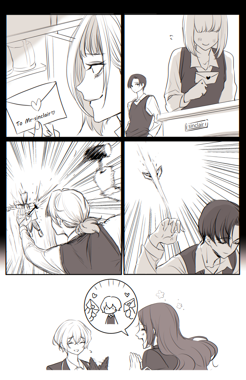 2boys 3girls blush closed_mouth collared_shirt demian_(project_moon) greyscale highres kromer_(project_moon) letter limbus_company locker long_hair love_letter low_ponytail maki_maki_(makimakipoipoi) monochrome multiple_boys multiple_girls nail_(hardware) parted_bangs ponytail project_moon rodion_(project_moon) shirt sinclair_(project_moon) smile speech_bubble straw_doll sweater_vest very_long_hair voodoo_doll
