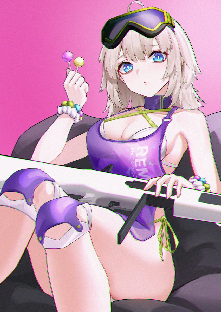 1girl aa-12 aa-12_(girls&#039;_frontline) aa-12_(the_sun_never_rises)_(girls&#039;_frontline) absurdres bikini blue_eyes breasts bright_pupils candy cleavage closed_mouth commentary_request criss-cross_halter food girls&#039;_frontline girls&#039;_frontline_2:_exilium goggles goggles_on_head grey_hair gun halterneck highres holding holding_candy holding_food holding_gun holding_lollipop holding_weapon knee_pads large_breasts lind_(girls&#039;_frontline_2) lollipop long_hair looking_at_viewer lord-erica medium_hair neck_warmer official_alternate_costume shotgun side-tie_bikini_bottom sitting solo swimsuit thighs weapon white_pupils wrist_bobbles