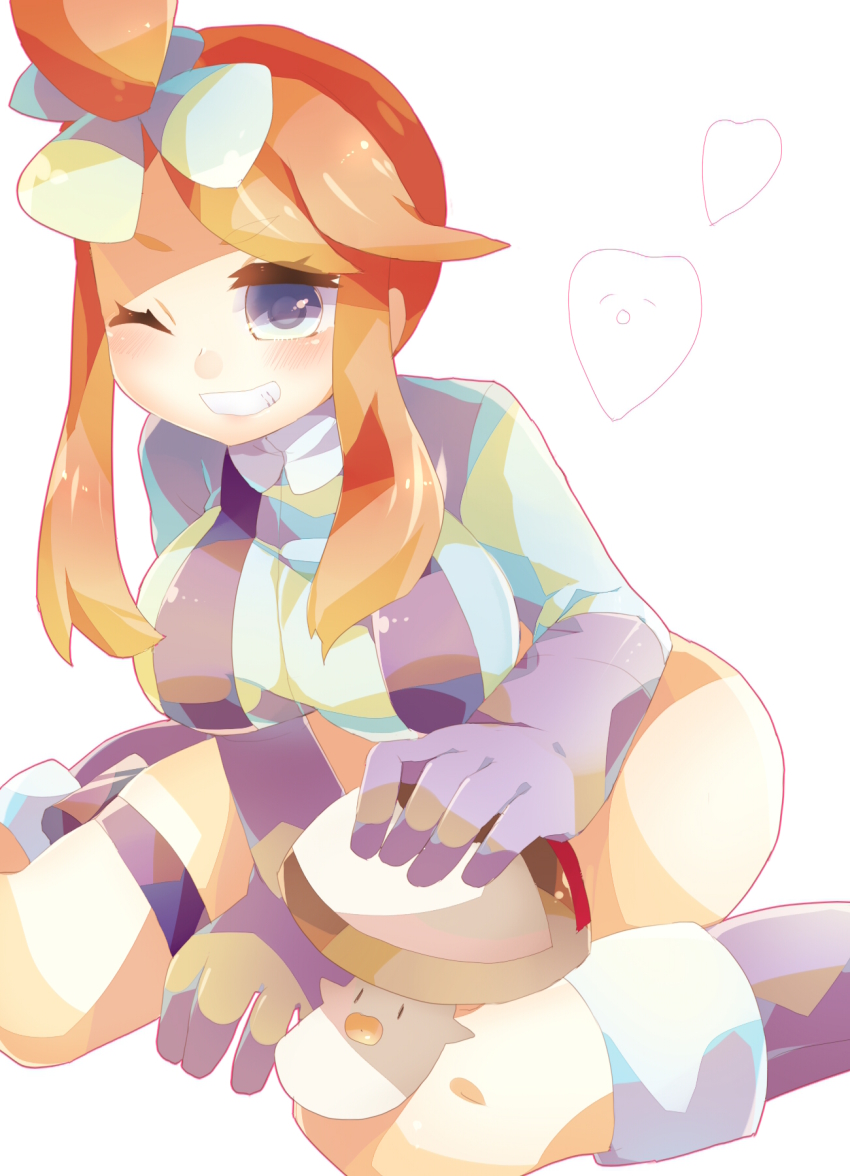 blush breasts cleavage foongus gen_5_pokemon gym_leader highres kanosigu nintendo one_eye_closed pokemon pokemon_(creature) sitting skyla_(pokemon) smile wink