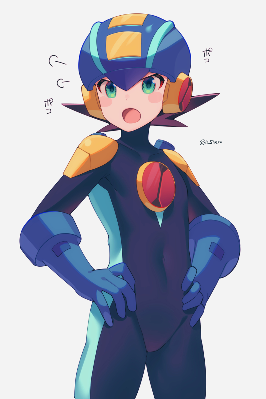 1boy absurdres annoyed blue_bodysuit blue_headwear blue_helmet blush_stickers bodysuit brown_hair commentary covered_collarbone green_eyes hands_on_own_hips helmet highres looking_at_viewer male_focus mega_man_(series) mega_man_battle_network_(series) megaman.exe netnavi open_mouth puff_of_air short_hair simple_background solo spiked_hair standing translation_request twitter_username white_background zero-go